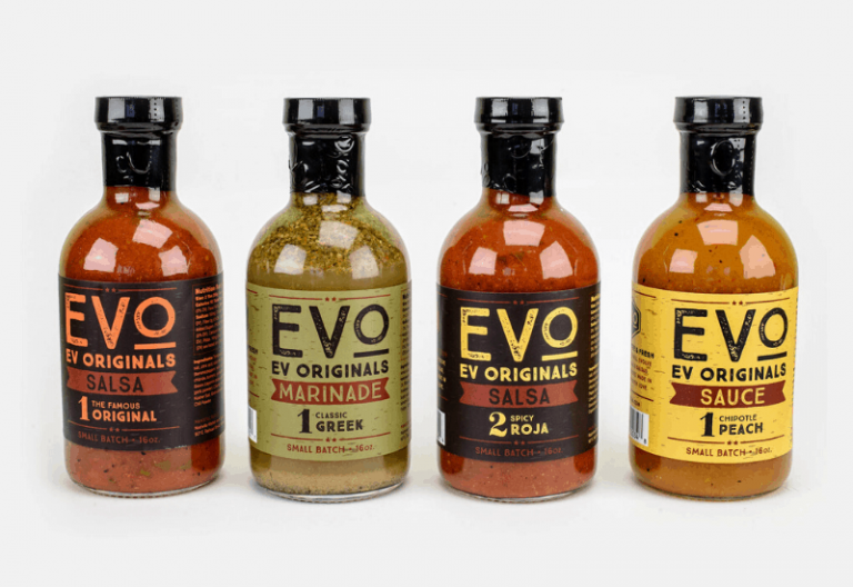 a picture of 4 of EVO Sauces and Salsas lined up