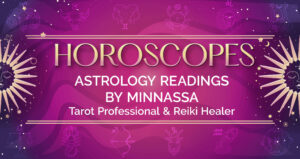 Horoscope and astrology readings by Minnassa. Graphic with fuchsia color background