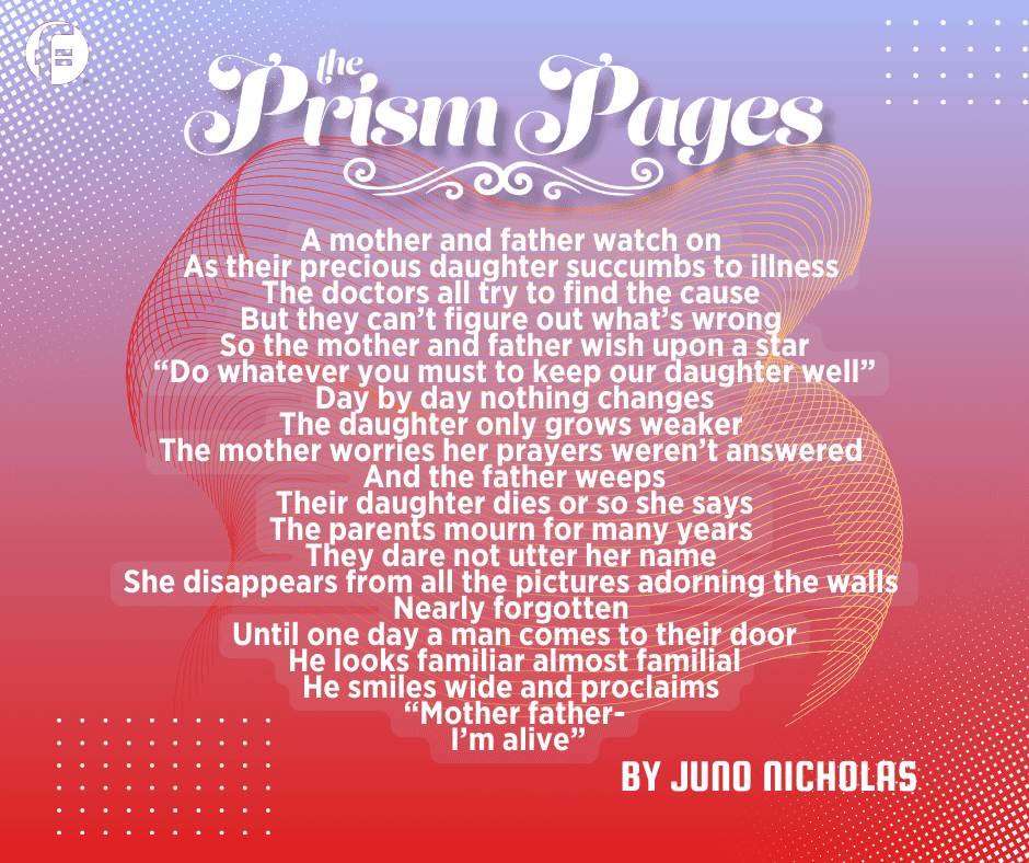 Prism pages poem by Juno Nicholas. Graphic includes blue/red gradient background and poem text. Poem is also listed below for accessibility