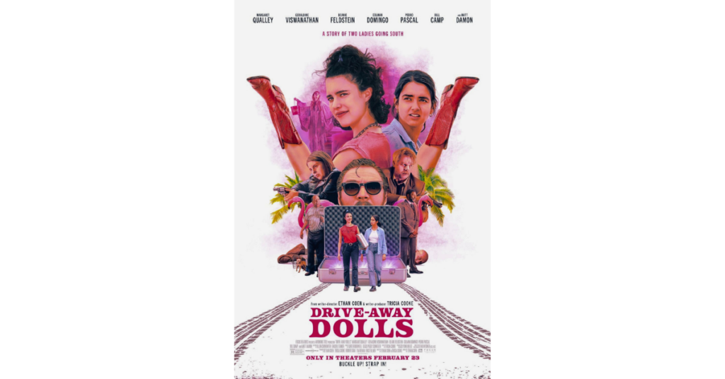 Drive Away Dolls (2024) dirigida por Ethan Coen, portada de la película