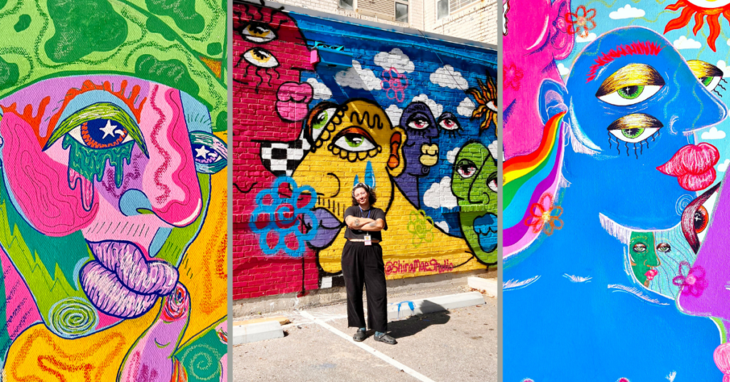 Three images of Shira Mae's Art, with Shira in the middle in front of one of their murals.