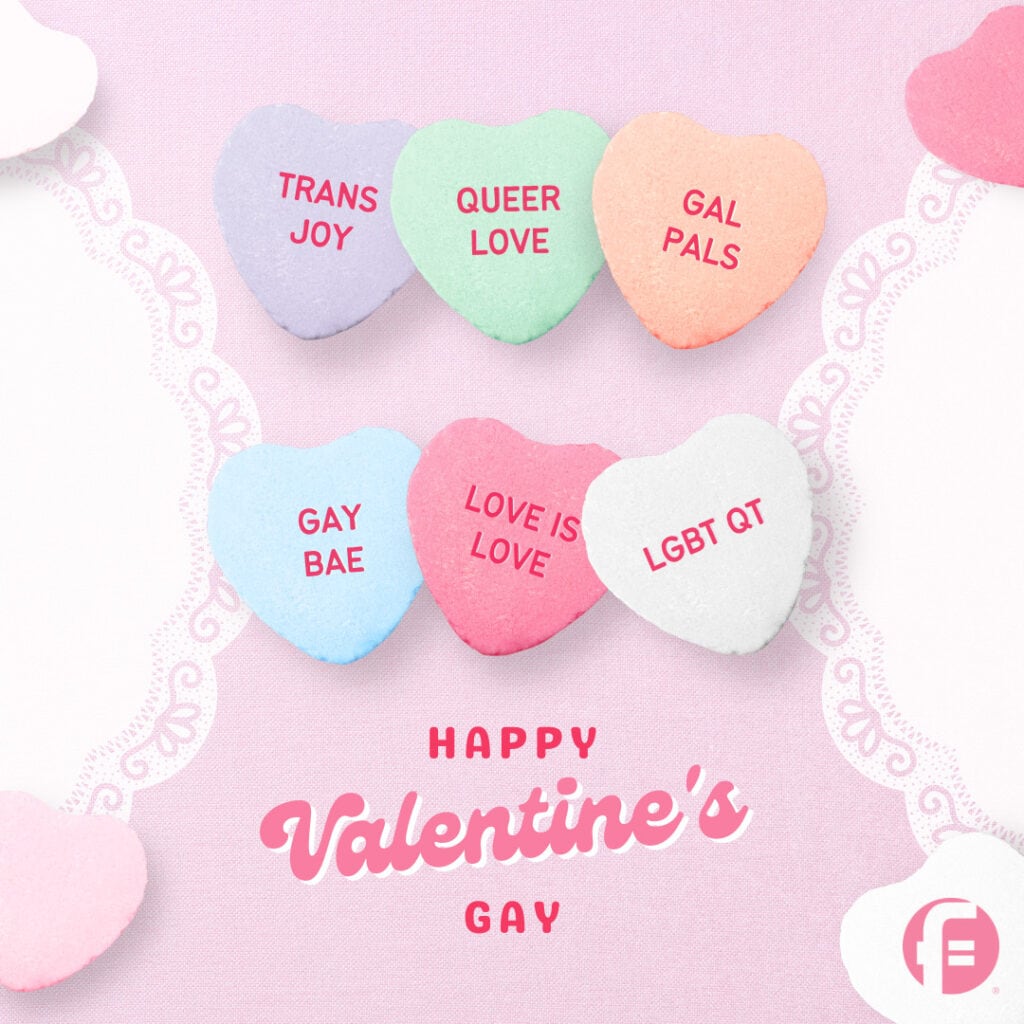Happy Valentine's Gay card for Valentine's Day Card round up that reads "trans Joy, queer joy, gal pals, gay bae, love is love LGBTQ qt" in hearts