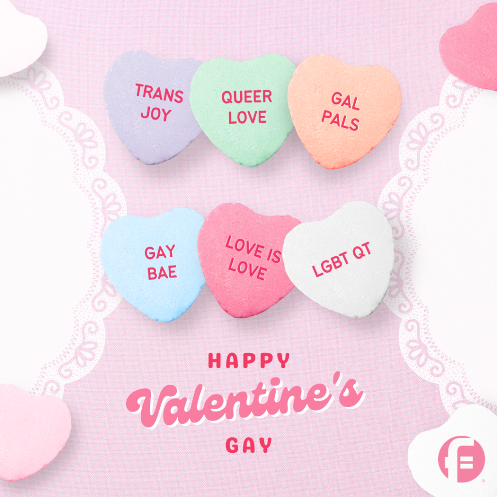 Happy Valentine's Gay card for Valentine's Day Card round up that reads "trans Joy, queer joy, gal pals, gay bae, love is love LGBTQ qt" in hearts