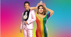 Mr and Miss Gay USA, Geo Johnson and Tatiyanna Voche, in front of rainbow gradient background.