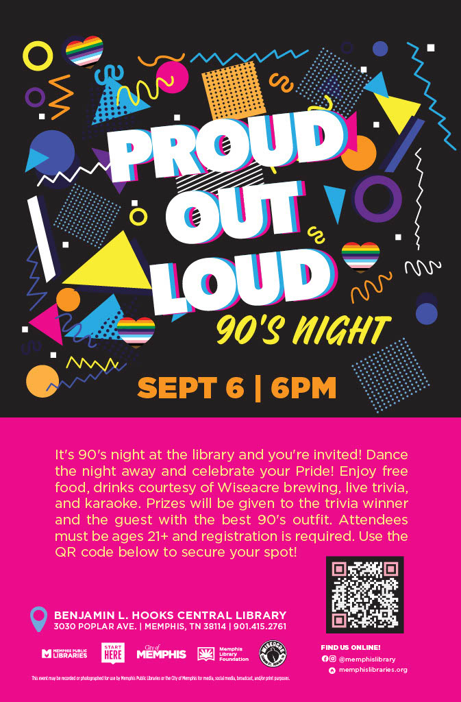 Pride Out Loud 90s Night at the Memphis Library graphic