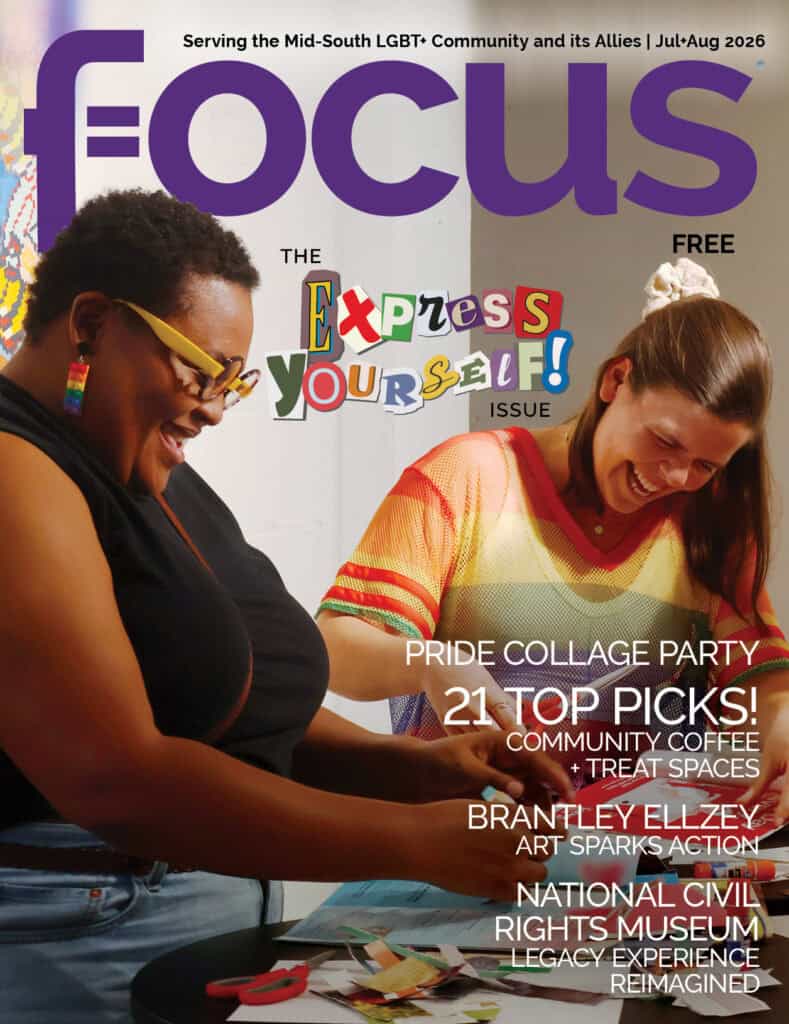 Two women smile and craft at a Pride collage party in Memphis, July 2026. — focuslgbt.com