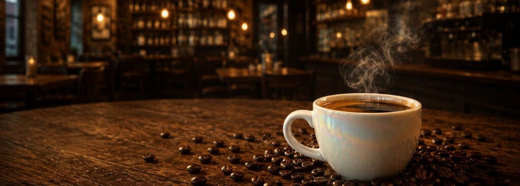 A steaming cup of coffee on a wooden table with coffee beans scattered around. — focuslgbt.com