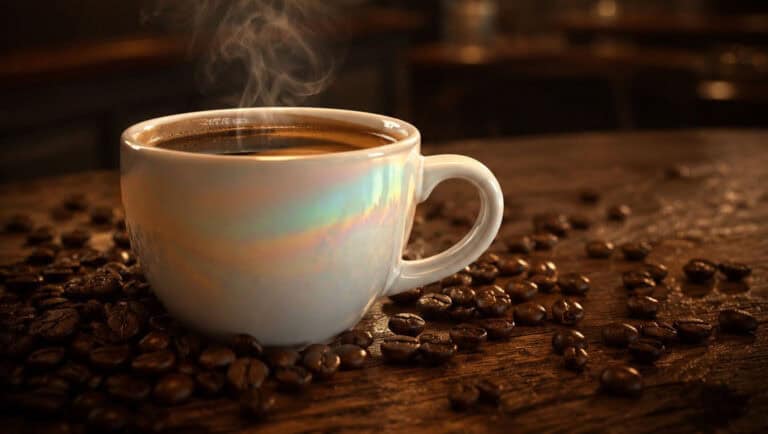 A white ceramic espresso cup filled with coffee on a wooden table with coffee beans scattered. — focuslgbt.com