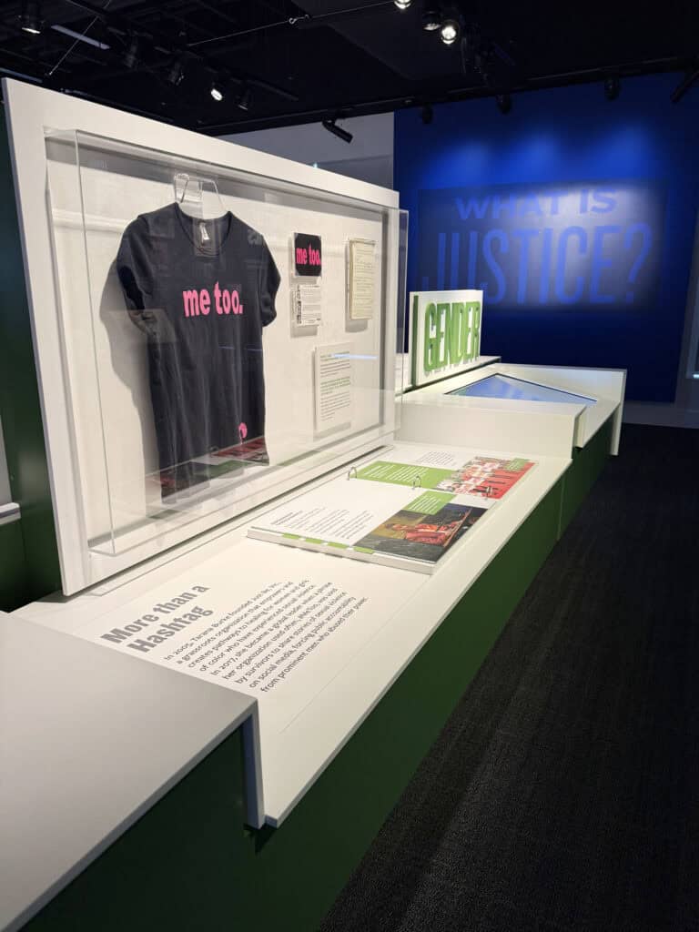 Black T-shirt with pink and white text displayed in a museum exhibit case. — focuslgbt.com