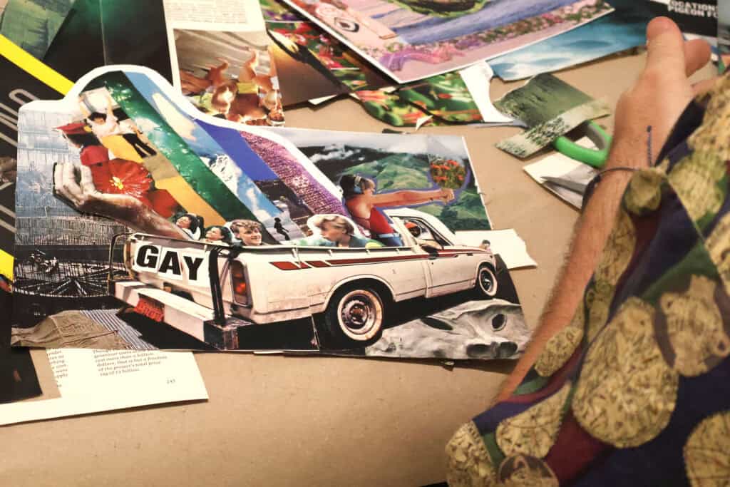 Colorful paper collage featuring a vintage car with rainbow-colored passengers. — focuslgbt.com