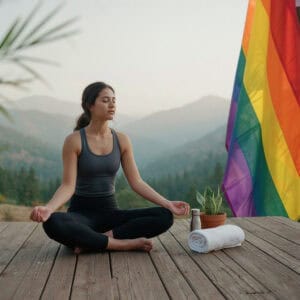 Woman meditating on wooden deck with rainbow flag nearby. — focuslgbt.com